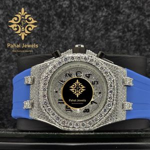 นาฬิกาควอตซ์หรูสำหรับผู้ชาย Pahal Jewels ขอบเพชร ประดับมอสซาไนต์สีน้ำเงิน สายสแตนเลส ตัวเลขแบบอารบิก แสดงผลแบบอนาล็อก กันน้ำ - Product Image 5
