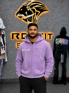 Men's Purple Hooded <b>Zipper</b> <b>Sweatshirt</b> Regular Fit Solid Color Front Logo Design Casual Autumn Wear - Product Image 1