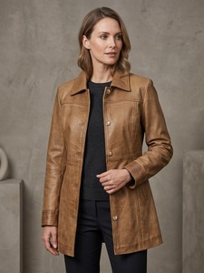 <b>Womens</b> Genuine Lambskin <b>Leather</b> Car Coat Camel <b>Brown</b> Three Quarter Length Button Front <b>Jacket</b> - Product Image 4