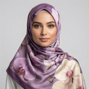 Pañuelos de chifón de diseño premium, hijab cuadrado para mujeres musulmanas, con estampado digital de hojas, transpirables, a la moda, bandanas étnicas. - Product Image 1