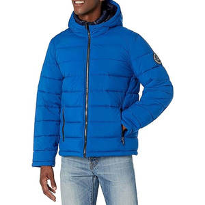 Men's Blue Hooded Puffer <b>Jacket</b> Zipper Closure Windproof Casual Autumn Wear Polyester Wadding Filling Stand Solid Color Front - Product Image 4