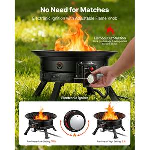 Brasero à gaz portable de 19 pouces, 53 000 BTU, propane, flamme réglable, pieds pliants, noir, grille de barbecue d'extérieur, pierres de lave pour patio - Product Image 5