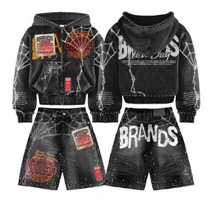 Conjunto Deportivo con Capucha para Hombre SPLENDID APPAREL, Estampado de Telaraña Roja y Negra, Poliéster, Estilo Urbano, Ropa de Verano, Manga Larga, Pantalones Cortos - Product Image 4
