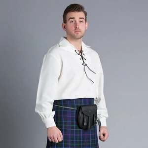 Camisa de Vestir de Algodón Popelín Blanco para Hombre, Estilo Escocés Tartán Jacobita, Manga Larga, Cuello Clásico, Cierre de Pespunte Abierto - Product Image 1
