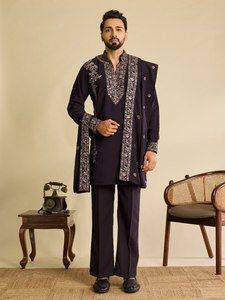 Best Quality Japanese with Thread & Sequence work <b>Kurta</b>-Plain Pant-Work Dupatta Set <b>Man's</b> wear Worldwide Supplier - Product Image 3