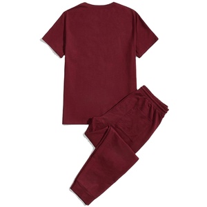 High Quality Red Men's Summer Eco-Friendly 100% Cotton Sports T-shirt Trouser Set Moisture <b>Wicking</b> Fabric for Gym Casual Wear - Product Image 4