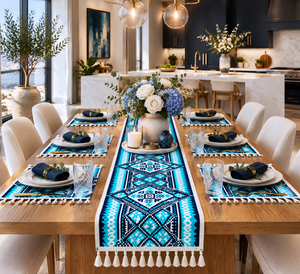 Tapis de couloir géométrique tissé à la main, écologique, imperméable, bleu et blanc, avec franges, style oriental, pour entrée et chambre - Product Image 3