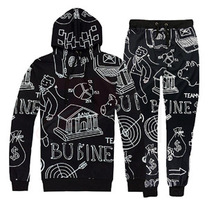 Conjunto de Sudadera con Capucha y Pantalones Deportivos para Hombre, Color Negro, con Estampado de Temática Empresarial, Cintura con Cordón y Bolsillos Laterales, Ropa Casual - Product Image 1