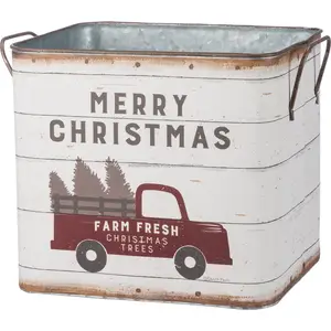 Rectangle Shape <b>Christmas</b> Bucket in Galvanized Tin With Custom Print Perfect for Unique Home Gift and Decorative Storage - Product Image 1