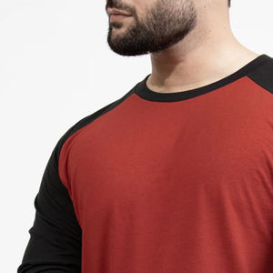 Men's Red Black Raglan Sleeve O-Neck T-Shirt Casual Knitted Oversized Fit Solid Color Long Sleeve Front <b>Logo</b> - Product Image 2