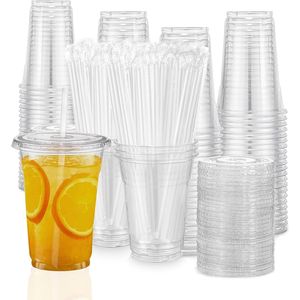 Set di bicchieri usa e getta da 16 oz in plastica trasparente effetto cristallo con coperchi e cannucce, 100 coperchi piatti, 100 cannucce per caffè freddo, confezione da 100 bicchieri - Product Image 1