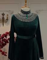 Abaya élégante pour femmes en velours bleu marine, longue jusqu'au sol, légère, grande taille, col haut, manches longues, col à perles, tenue de soirée