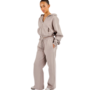 Womens Cropped Full Zip Hooded Tracksuit <b>Set</b> Wide Trousers Drawstring Waist Relaxed <b>Two</b> <b>Piece</b> Casual <b>Lounge</b> Travel Street Outfit - Product Image 6