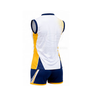Ensemble d'uniformes de volley-ball personnalisés pour femmes, blanc, bleu marine, jaune, maillot sans manches et short, vêtements de sport - Product Image 3
