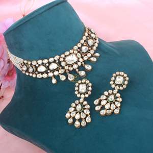 Shikha Gold Plated Moissanite Designer Bridal Necklace and Earring Set - Product Image 3