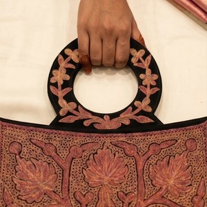 Kashmiri Sozni Embroidery <b>Clutch</b> <b>Bag</b> <b>Black</b> <b>Suede</b> with Crimson & Gold Tilla Work Ring Handle - Product Image 3