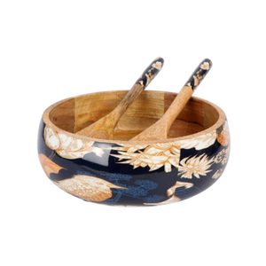 Ensemble de saladiers vintage en bois de manguier faits à la main avec des ustensiles imprimés en émail, écologiques et adaptés aux aliments, pour la maison et l'hôtellerie - Product Image 1