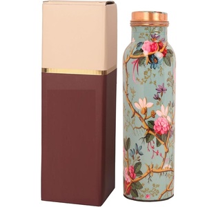 Vintage Floral Printed Pure Copper Water <b>Bottle</b> Teal Chinoiserie Botanical Pattern Enamel Coated <b>Flask</b> with Gift Box - Product Image 1