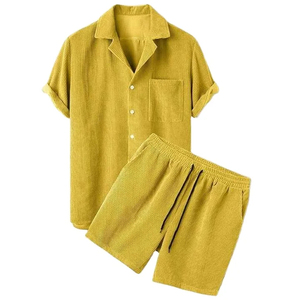 Men's Summer Corduroy Pajama <b>Set</b> Short Sleeve Shirt And Shorts Solid Color Breathable Casual Wear Turn-down Collar - Product Image 1