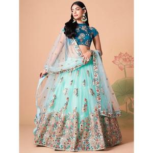 Lehenga choli กระโปรงทำงานตาข่ายสะท้อนแสงสีฟ้าสดใส - Product Image 2
