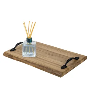 Wooden Serving Tray Rectangle Solid Minimalist Design Handmade with Metal Handles for Dishes & <b>Plates</b> - Product Image 1