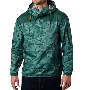 Custom <b>Men's</b> Quarter-Zip Pullover Hooded <b>Jacket</b> - Water Resistant Green Digital <b>Camo</b> Windbreaker with Utility Sleeve Pocket - Product Image 1