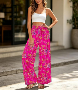 Custom Logo Women's Summer <b>Flowy</b> Wide Leg Pants Drawstring Elastic Waist Casual Lounge Beach Printed Palazzo Trouser with Pocket - Product Image 1