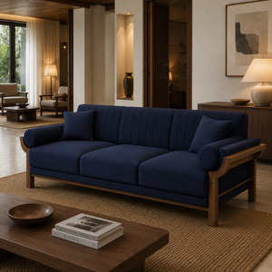 Sofá de 3 Plazas de Madera de Teca Sólida de Lujo con Tapicería Azul Marino, Muebles Modernos para Sala de Estar, Vestíbulo de Hotel, Apartamento, Villa - Product Image 6