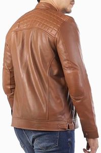 <b>Men</b> <b>Brown</b> Genuine <b>Leather</b> <b>Jacket</b> Moto Biker Style Stand Collar Zipper Closure Regular Fit Autumn Wear - Product Image 4