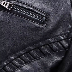 <b>Men's</b> Black PU Leather Moto Jacket Stand Collar Zipper Closure <b>Slim</b> <b>Fit</b> Autumn Wear Regular Sleeve Solid Color - Product Image 6