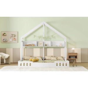 Letto a piattaforma in legno bianco crema per bambini, due letti condivisi con pratici ripiani e sponda di protezione - Product Image 4