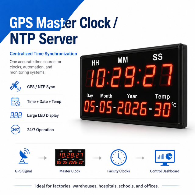 14-Digit LED GPS NTP Master Clock Server with RS485 Modbus Ethernet | OEM & Free SCADA
