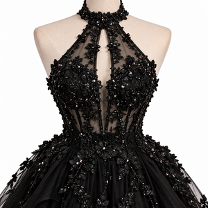 Vestido de Noche Negro Halter de Encaje y Satén con Cintura Imperio, Adornado con Cuentas y Flores, Largo hasta el Suelo, Corte A, Maxi Vestido sin Espalda para Banquete de Boda - Product Image 4