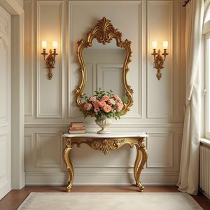Neoclassical entry hall features a luxurious Jepara style carved gold <b>console</b> table paired with an ornate matching <b>mirror</b> - Product Image 2