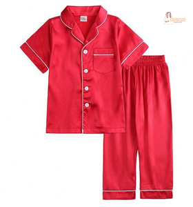 Ensemble de pyjama rouge à manches courtes pour filles, couleur unie, vêtements de nuit d'été, en Polyester doux, longueur normale, pour enfants de 3 à 14 ans - Product Image 1