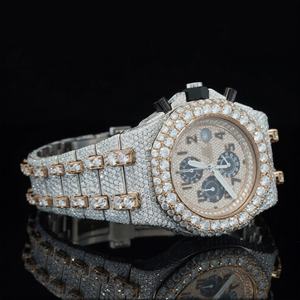 Reloj Cronógrafo Automático Mecánico de Calidad VVS1 para Hombre con Esfera Redonda en Tono Rosa, Correa de Acero Inoxidable y Moissanita - Product Image 3