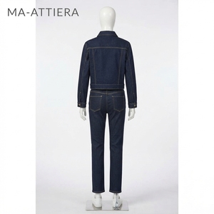 <b>Women</b> <b>Dark</b> <b>Blue</b> Denim Jacket And <b>Jeans</b> Set Cropped Button Front Jacket Straight Leg <b>Jeans</b> Two Piece Casual Outfit - Product Image 4