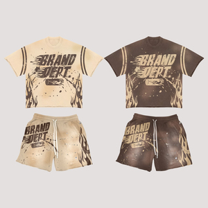 Custom Men's Acid Wash Oversized T-Shirt Shorts Set Vintage Style 100% Cotton <b>Distressed</b> Sun Faded Rhinestone Printed Short Sets - Product Image 4