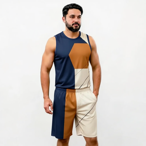 Men's Geometric Print Tank Top And <b>Shorts</b> Set Crew Neck Quick Dry Knitted <b>Polyester</b> Sporty Summer Outfit - Product Image 6