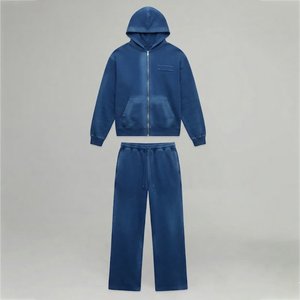 Conjunto Deportivo de Algodón Azul Lavado al Ácido, con Capucha y Cremallera, Manga Larga, Color Sólido, Estilo Casual para Otoño, Corte Regular, con Bolsillos Laterales - Product Image 1