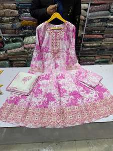 Hermoso maxi vestido de lino con forro estampado digital y bordado de hilo, pantalones de lino estampados, estampado de diamantes. - Product Image 3