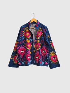 Chaqueta de Terciopelo con Bordado Floral de Manga Larga y Cuello Mao para Mujer, Talla Grande, Ropa de Otoño - Product Image 2