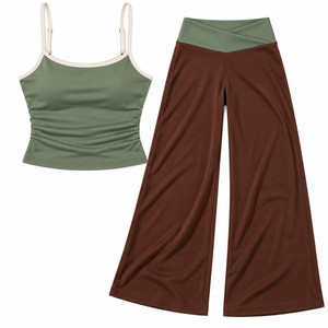 Ensemble 2 pièces Y2K sportif et confortable pour le voyage : pantalon palazzo court ample à revers et débardeur court à passepoil – Tendance streetwear vert sauge - Product Image 2