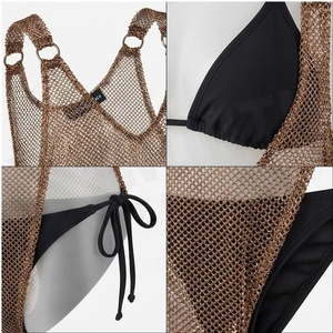 Maillot de bain femme en maille, col halter, couleur unie, tricoté extensible, avec bas de bikini string ajouré, tenue de plage - Product Image 4