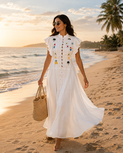 Vestido de Lino Blanco para Mujer con Bordado Colorido y Mangas con Volantes - Product Image 6