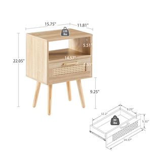 Tavolino Moderno in Rattan da 40 cm con Cassetto e Gambe in Legno Massello, Comodino e Tavolino Laterale Naturale per Camera da Letto o Soggiorno - Product Image 4