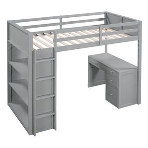 Letto a soppalco moderno per bambini, con scaletta, mensole e scrivania, in legno massello grigio, stile semplice, con funzioni di archiviazione, per camerette dei più piccoli - Product Image 4