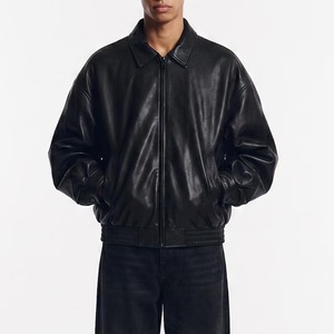 <b>Men</b> Oversized Black <b>Leather</b> Jacket, Minimalist <b>Bomber</b> Jacket, Vintage 90s Style Real <b>Leather</b> Coat - Product Image 2