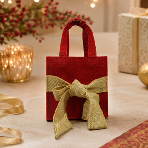 Red Dyed Laminated Jute Gift Bags with Lurex <b>Bow</b> 15x15x10 cm Small Festive Tote Custom Logo Wholesale Bulk OEM ODM Private Label - Product Image 5