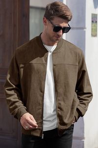 Men’s Bomber Jacket Faux Suede Midweight Casual Full-Zip Flight <b>Coat</b> - Product Image 2